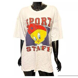NWT LOONEY TUNES TWEETY SING STITCHED SPORT STAFF MENS WHITE T-SHIRT SZ LARGE